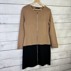 Karen Millen A-Line‎ Hem Knit Dress Size Medium Camel Black Zip Up Long Sleeve